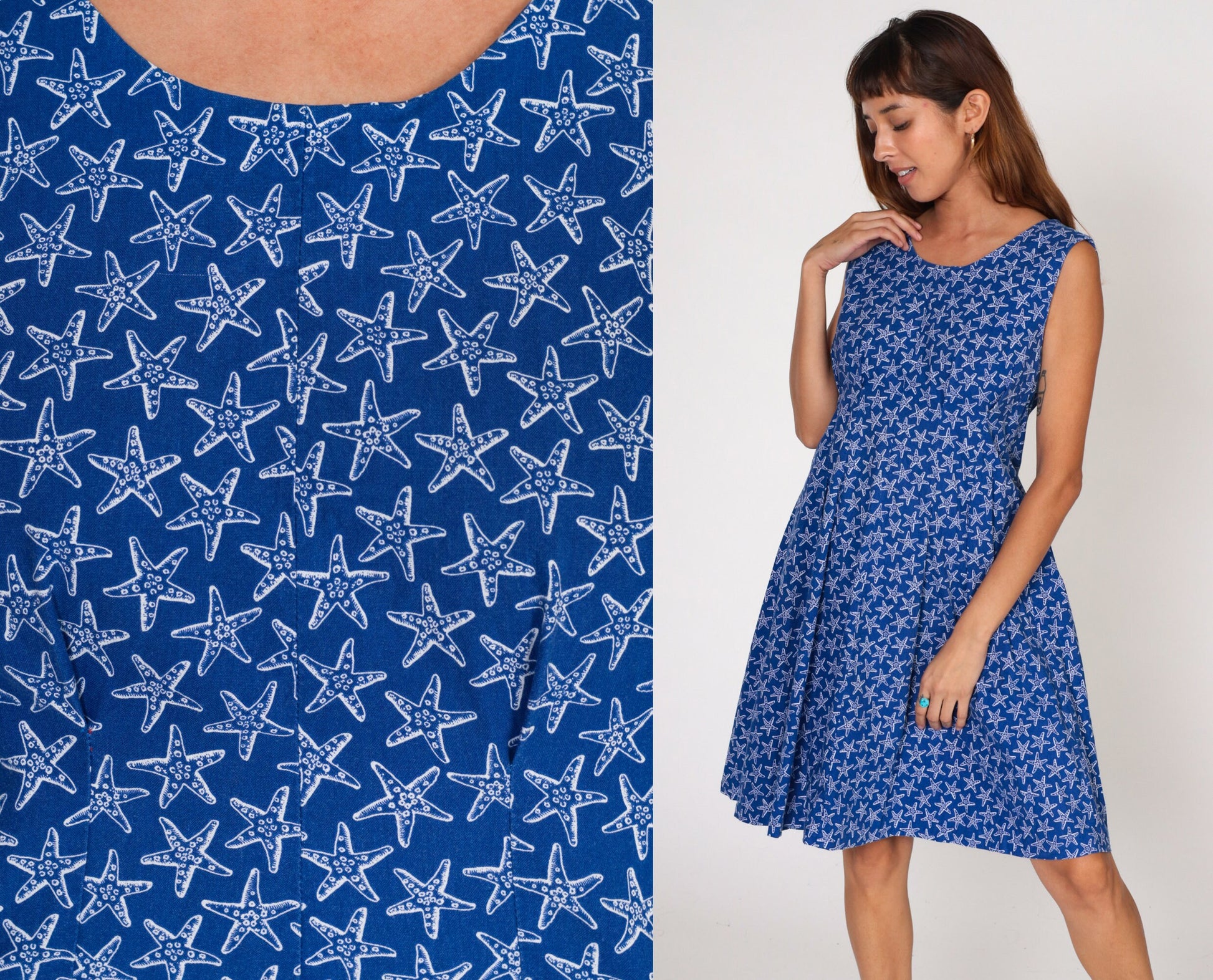 80s Starfish Print Sundress Blue Sleeveless Fit Flare Medium