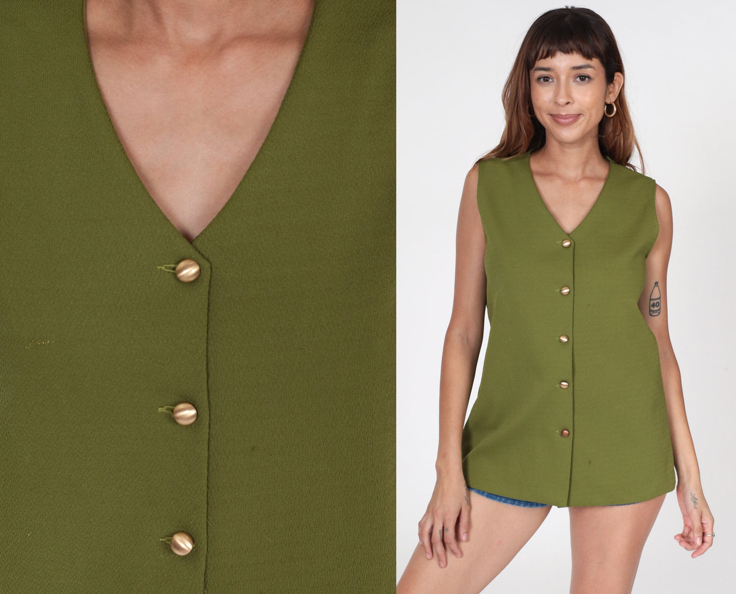 70s Olive Green Tank Top V Neck Button Up Sleeveless Blouse Small Medium