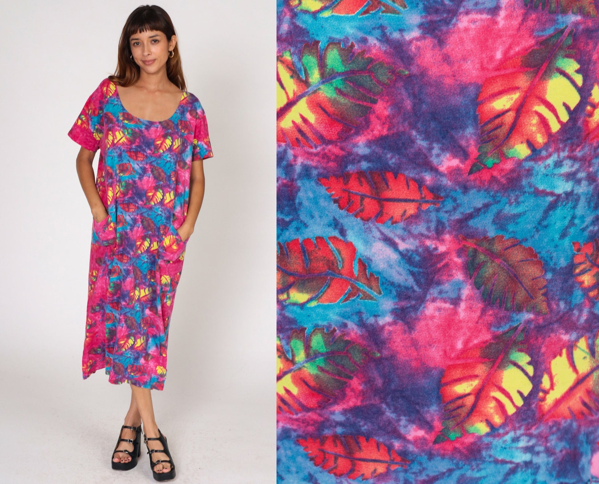 90s Tie Dye Leaf Print T-Shirt Dress Shift Cut Pockets Large