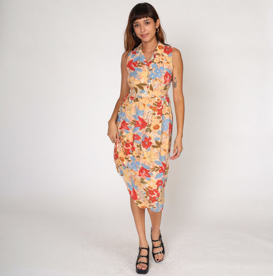 90s Floral Button-Up Midi Dress Sleeveless High Waist Red Yellow Blue Small