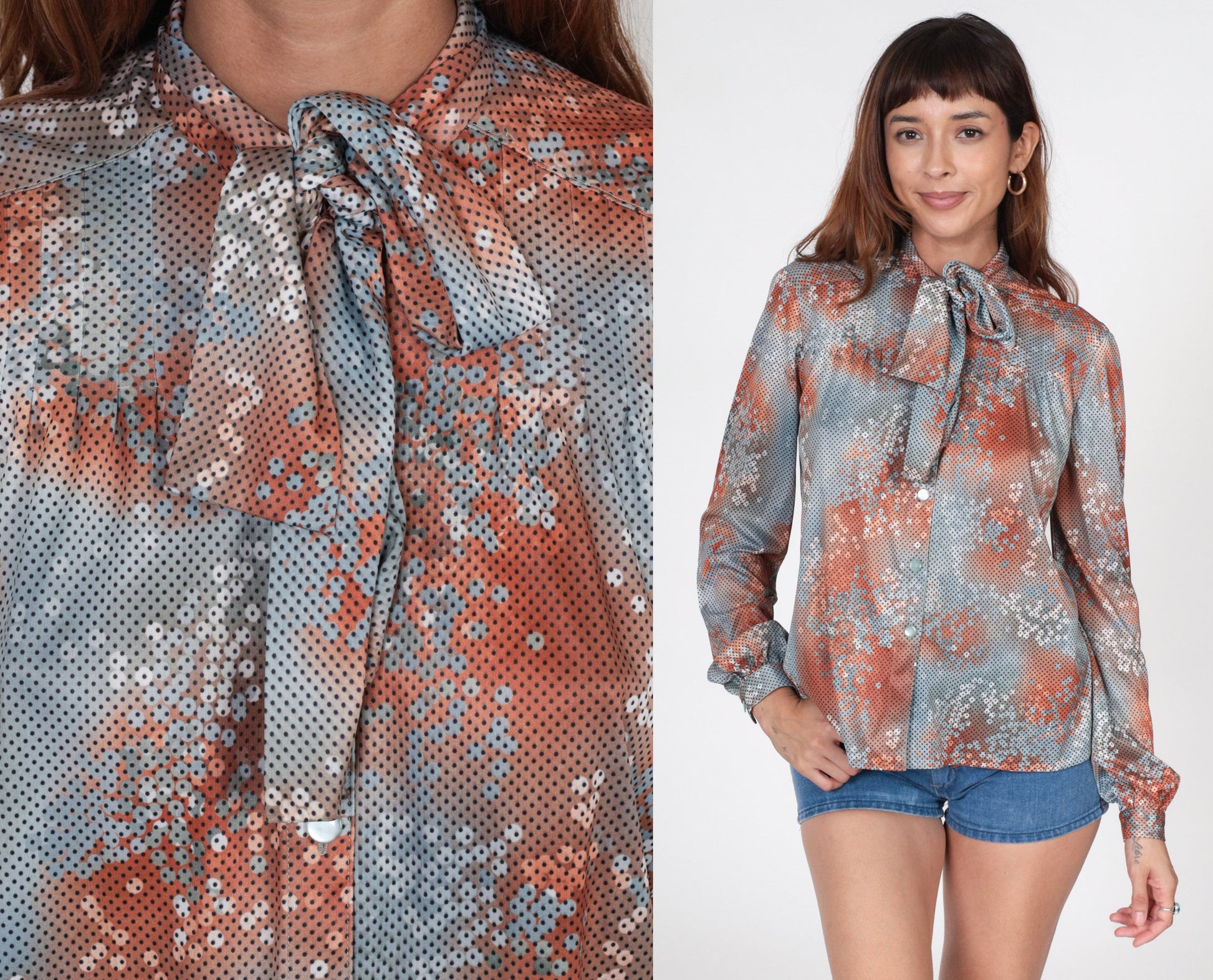 70s Ascot Bow Blouse Polka Dot Abstract Print Burnt Orange Blue Medium