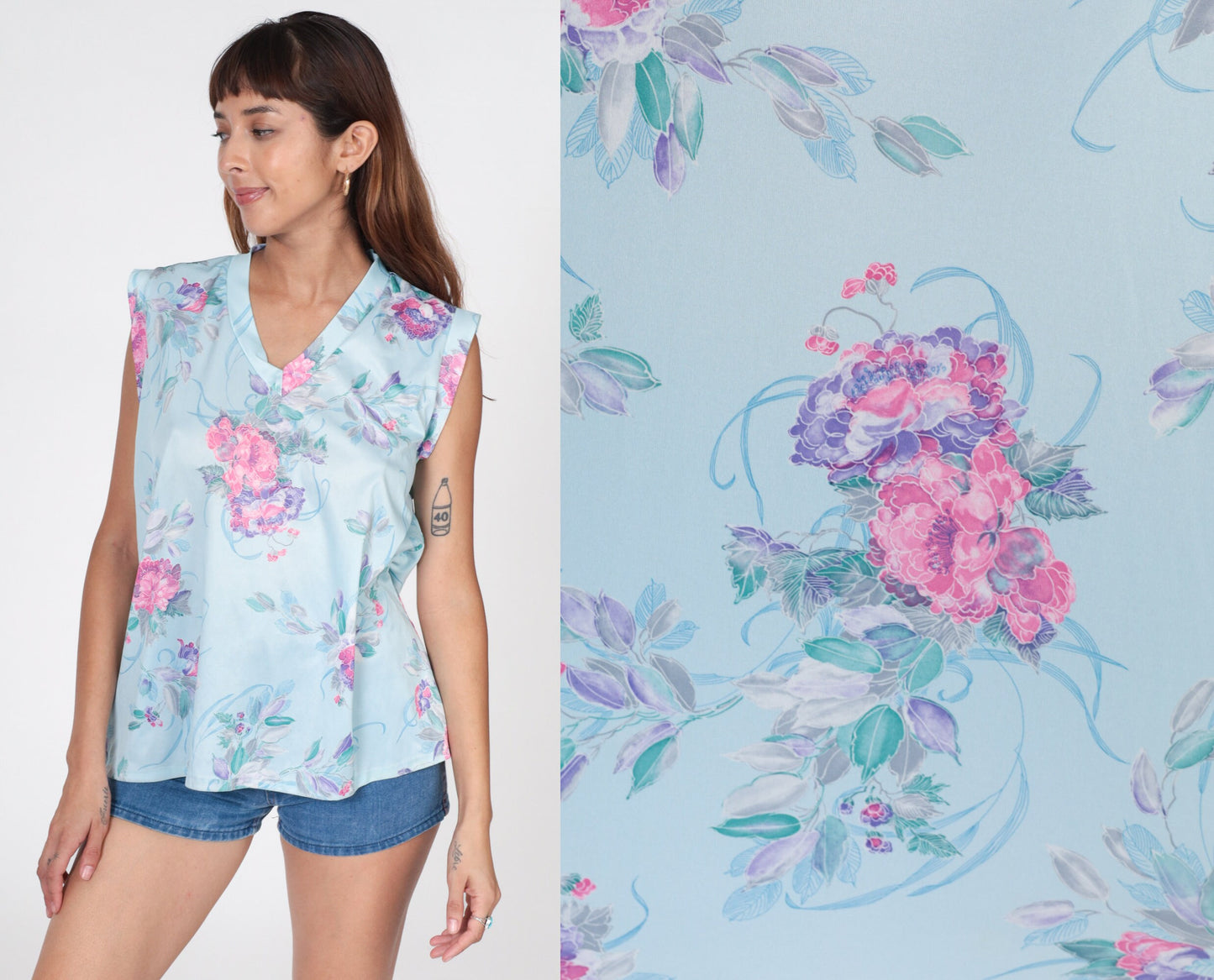 70s Floral Tank Top V-Neck Polyester Blouse Baby Blue Large L