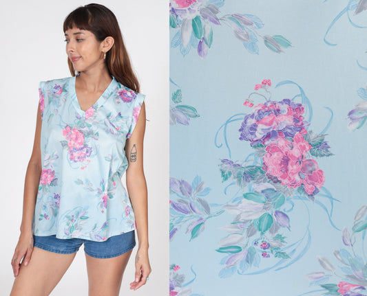 70s Floral Tank Top V-Neck Polyester Blouse Baby Blue Large L