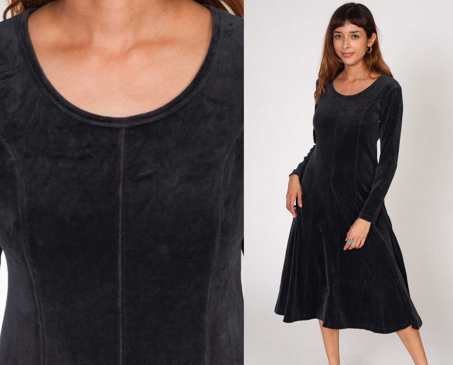 Y2K Black Velour Midi Dress Long Sleeve Princess Seam Small