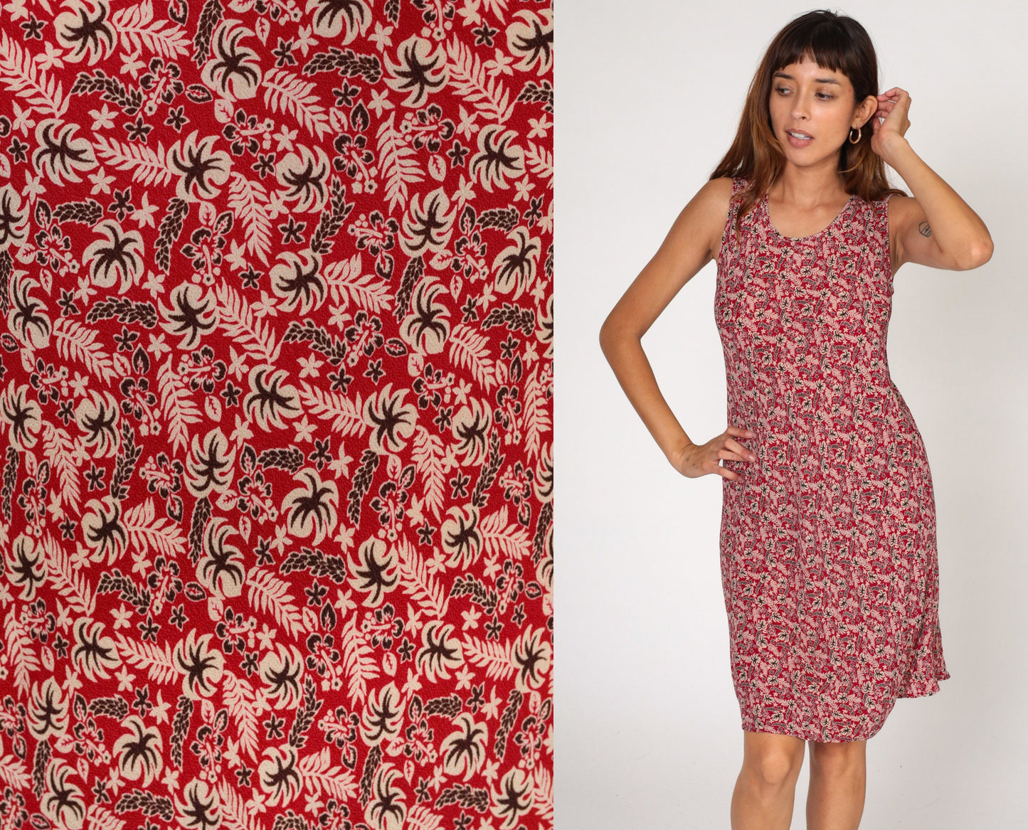 90s Hawaiian Floral Red Hibiscus Shift Dress Sleeveless Knee-Length Small
