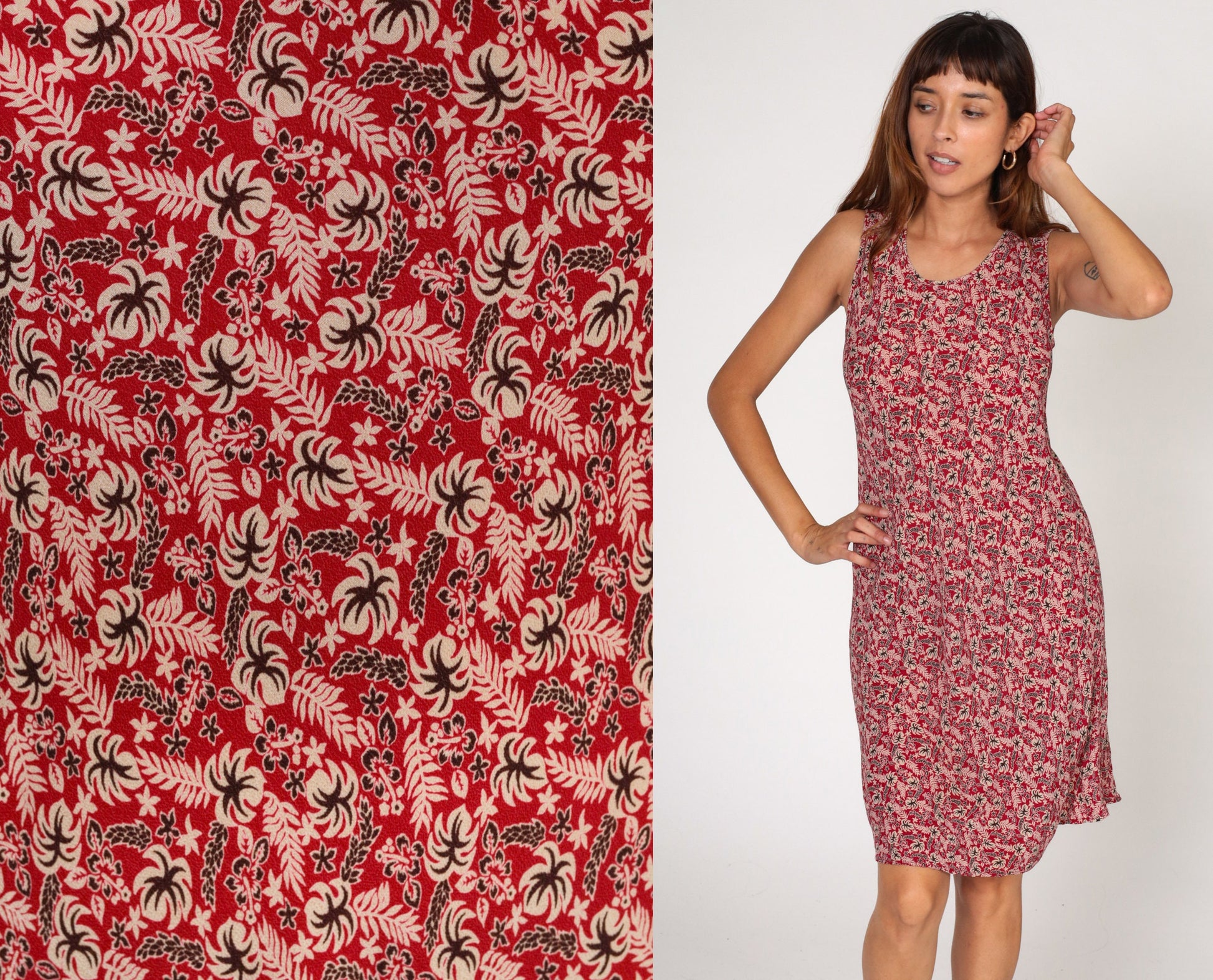 90s Hawaiian Floral Red Hibiscus Shift Dress Sleeveless Knee-Length Small