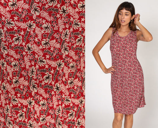 90s Hawaiian Floral Red Hibiscus Shift Dress Sleeveless Knee-Length Small
