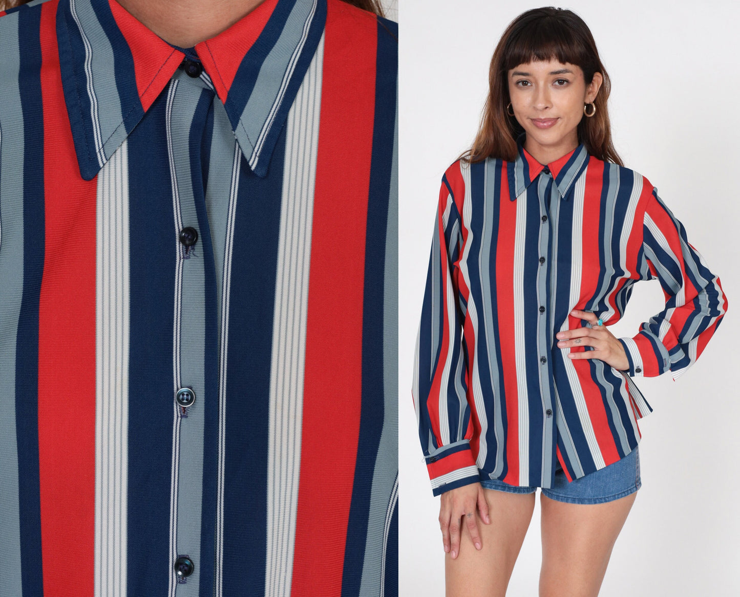 70s Striped Button Up Blouse Red White Blue Pointed Collar Long Sleeve Large