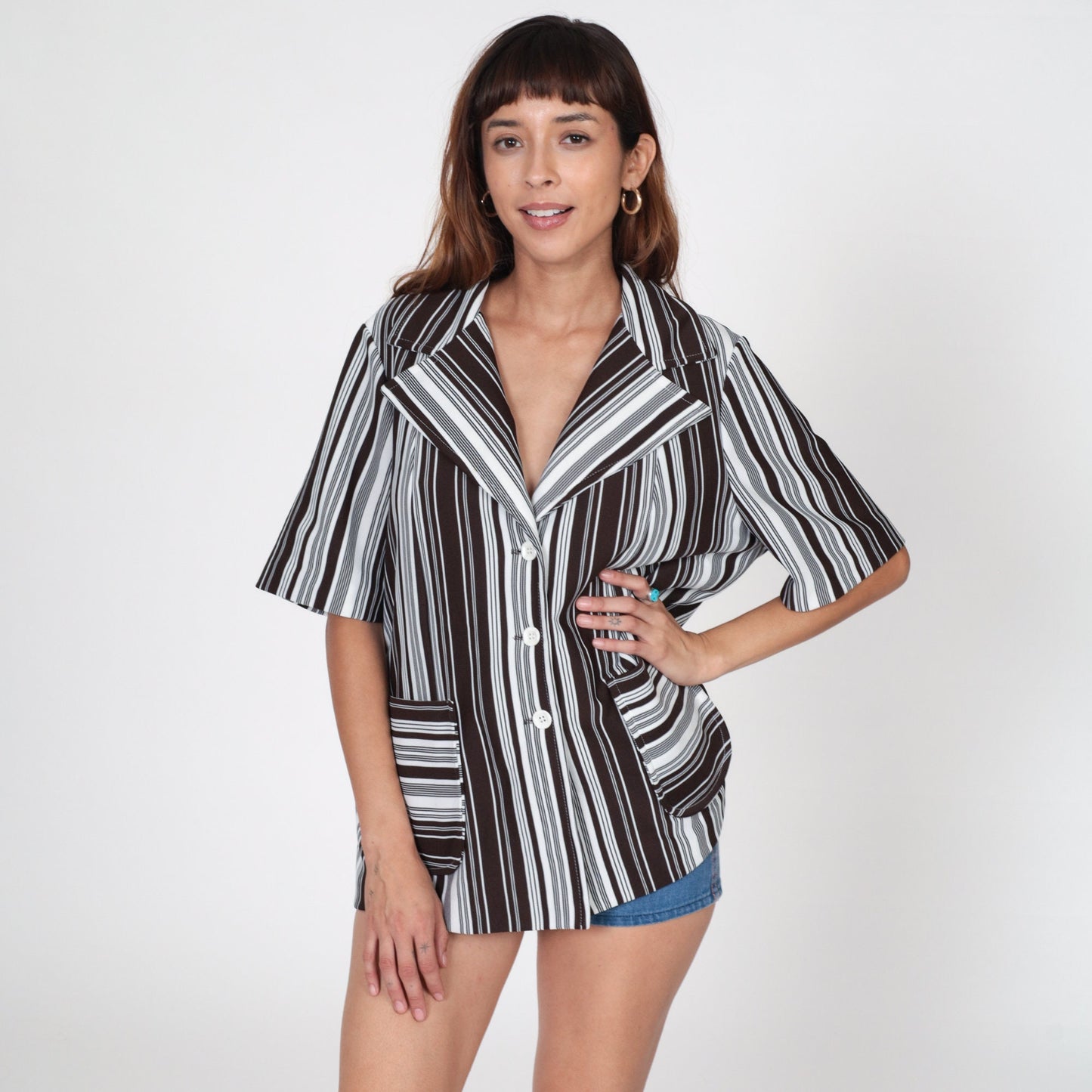 70s Brown & White Striped Button-Up Shirt Short Sleeve Collared V-Neck Extra Large XL