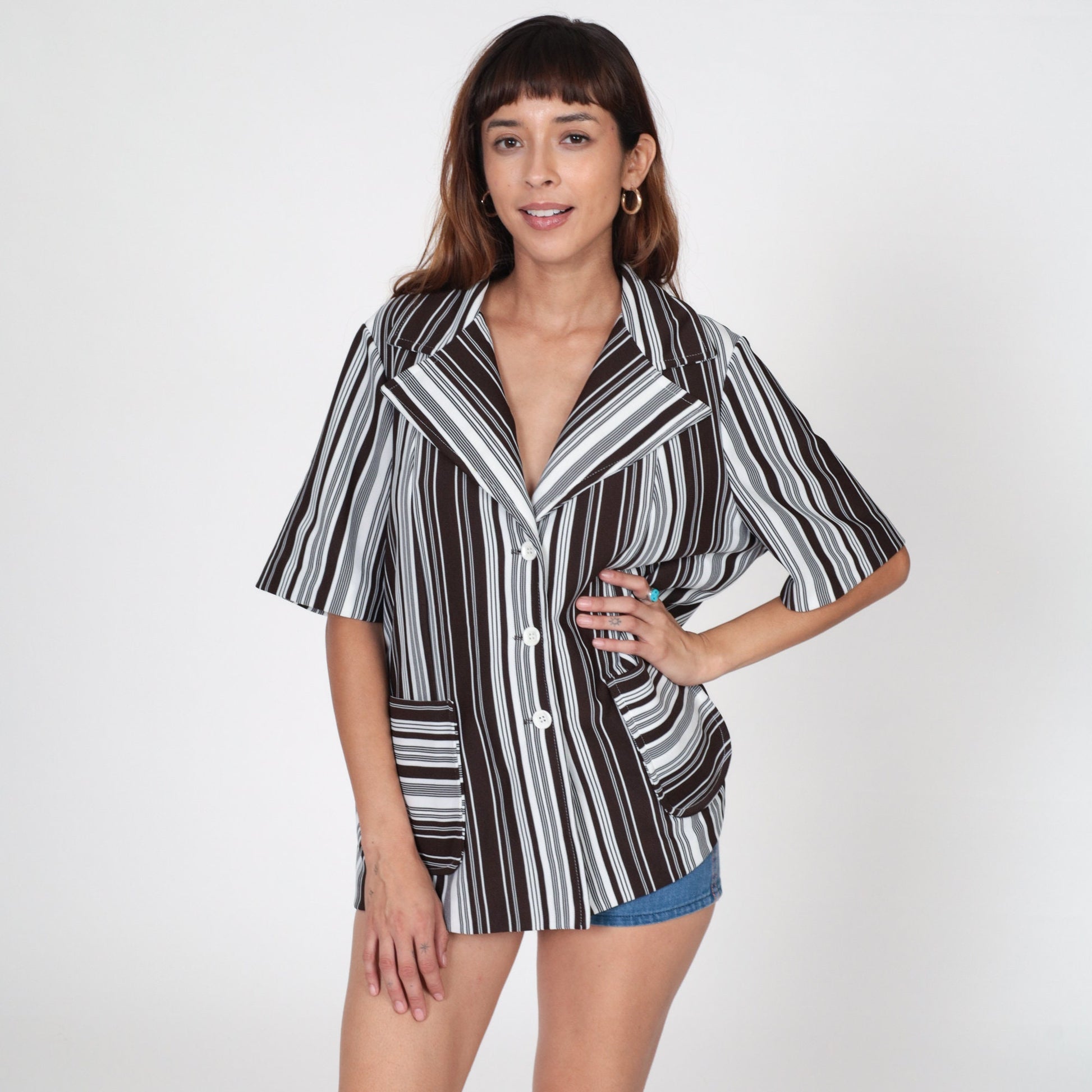70s Brown & White Striped Button-Up Shirt Short Sleeve Collared V-Neck Extra Large XL