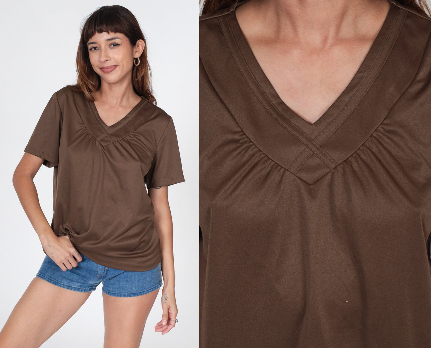70s Brown Gathered V-Neck Tunic Blouse Short Sleeve Large