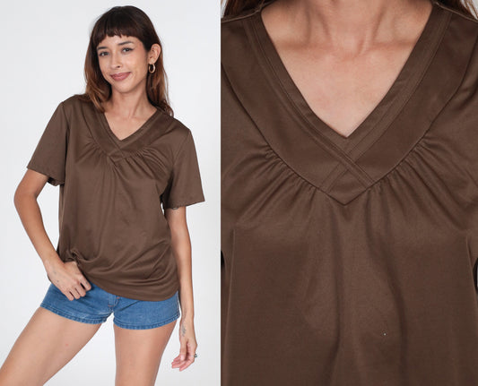 70s Brown Gathered V-Neck Tunic Blouse Short Sleeve Large