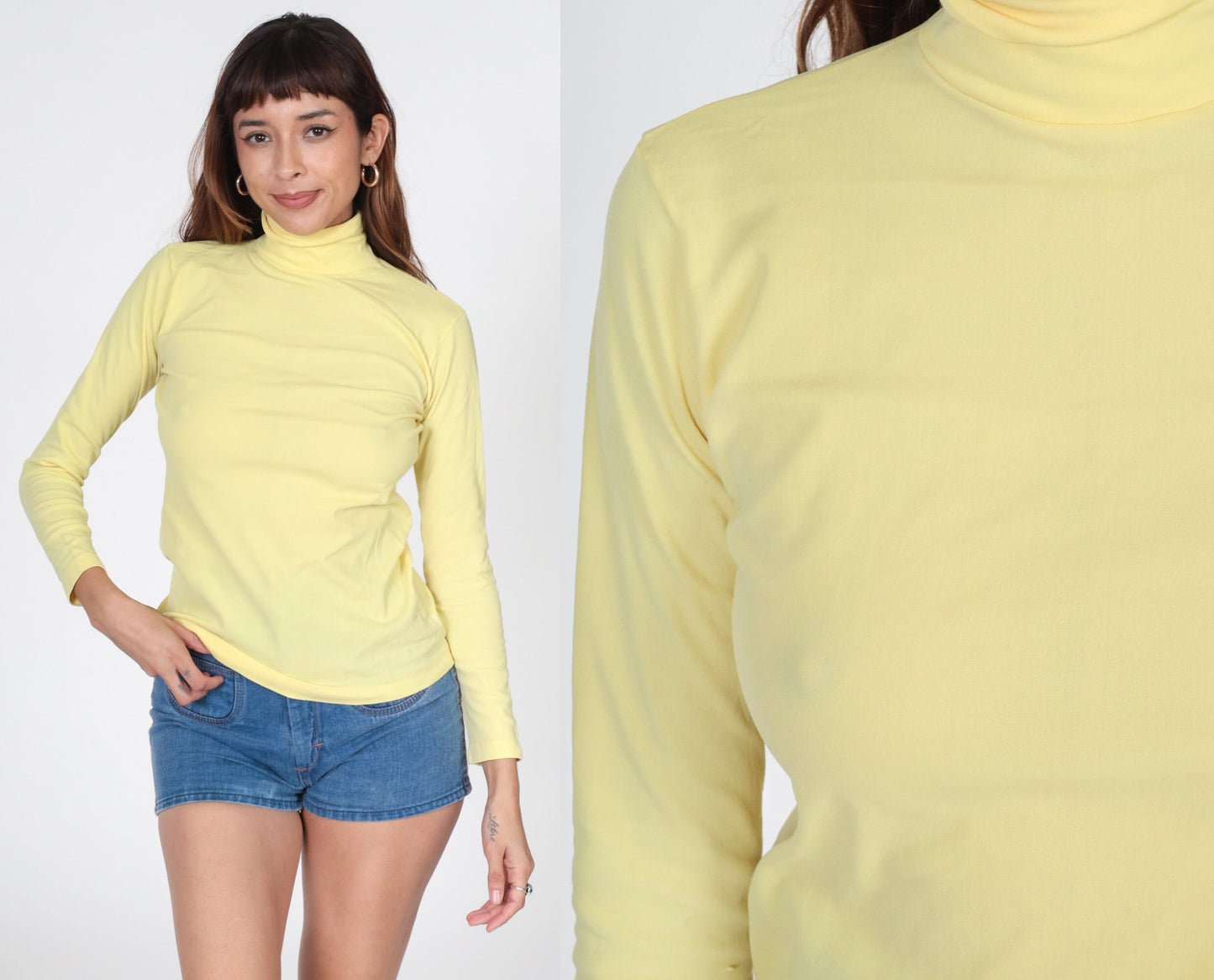 70s Yellow Turtleneck Long Sleeve Blouse Rear Zipper Small