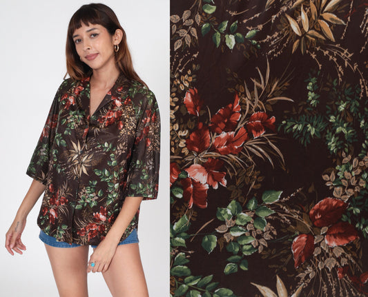 70s Brown Leaf Print Button-Up Blouse 3/4 Raglan Sleeve Large