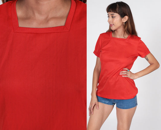 70s Red Ribbed Polyester Top Square Neck Short Sleeve Large