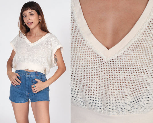80s Campus Casuals Sheer Mesh Blouse Off-White Deep V-Neck Cap Sleeve Large
