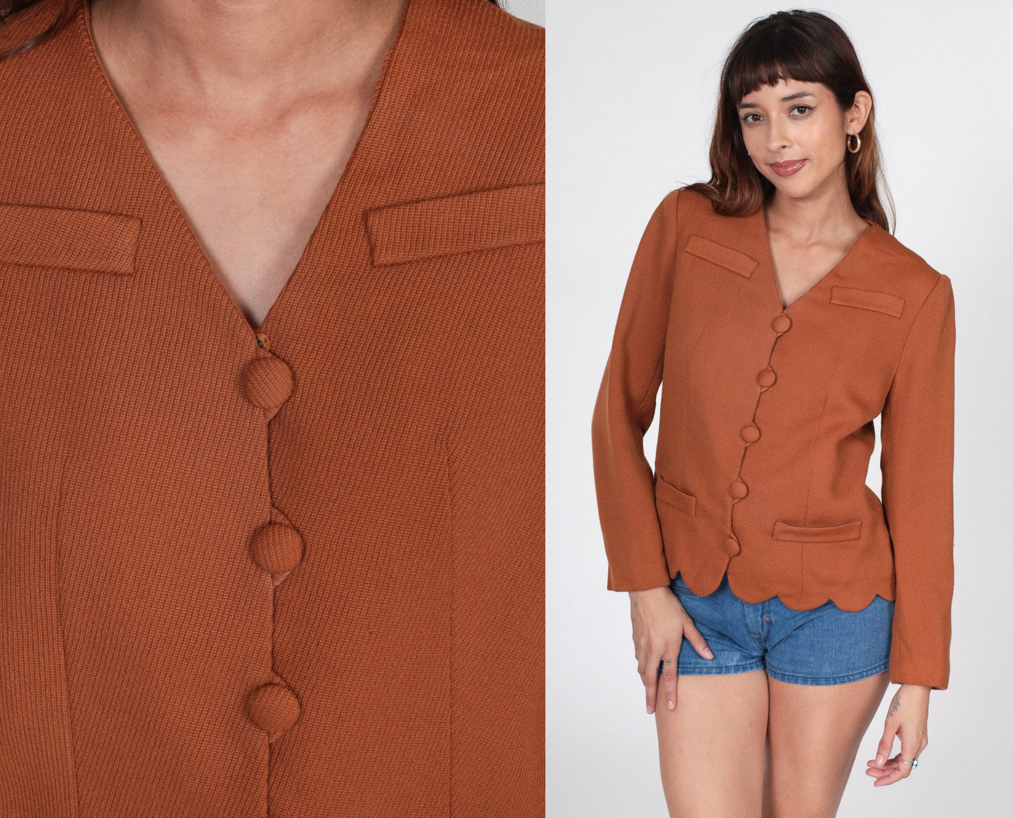 60s Wool Blazer Brown Scalloped Edge Jacket Small