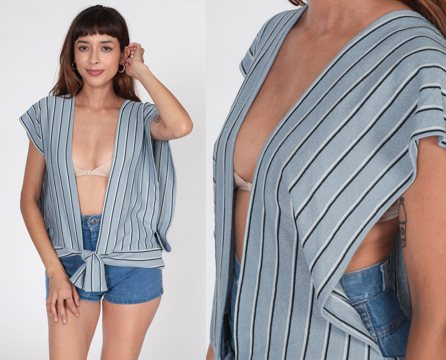 70s Grey Striped Knit Vest Open Front Tie Waist Cap Sleeve Large