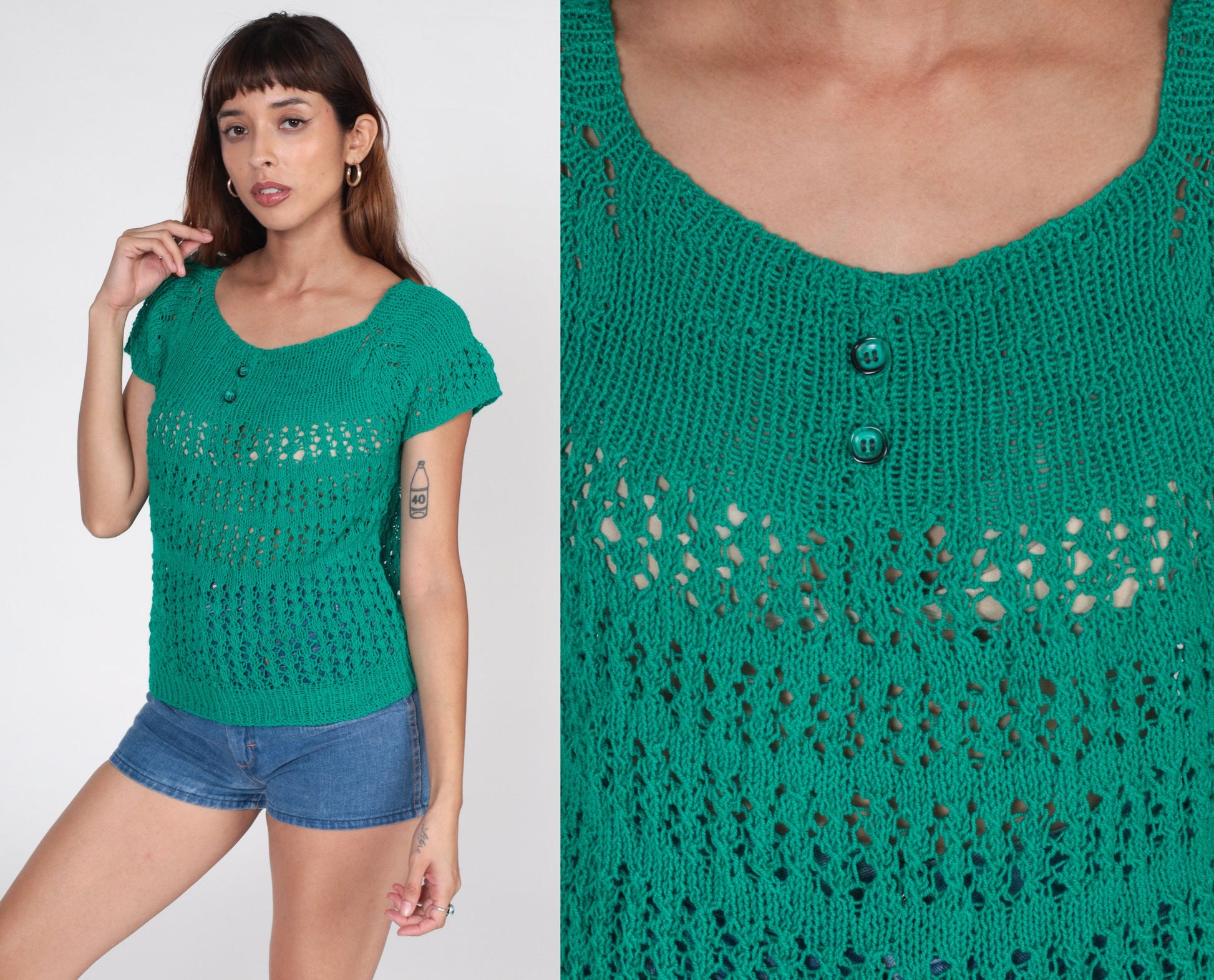 80s Green Crochet Blouse Short Raglan Sleeve Sheer Knit Top Small S