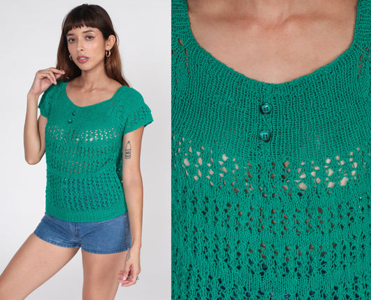 80s Green Crochet Blouse Short Raglan Sleeve Sheer Knit Top Small S