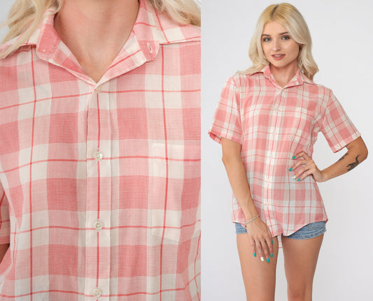 80s Red Plaid Button-Up Shirt White Check Short Sleeve Collared Top Small