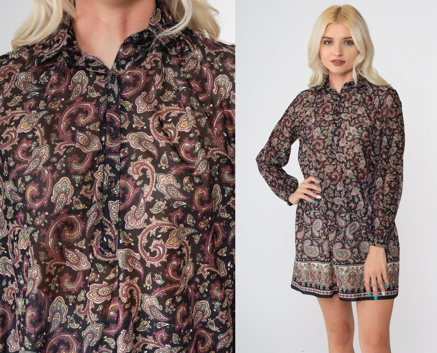 70s Paisley Mini Dress Black Shift Long Sleeve Button-Up Small