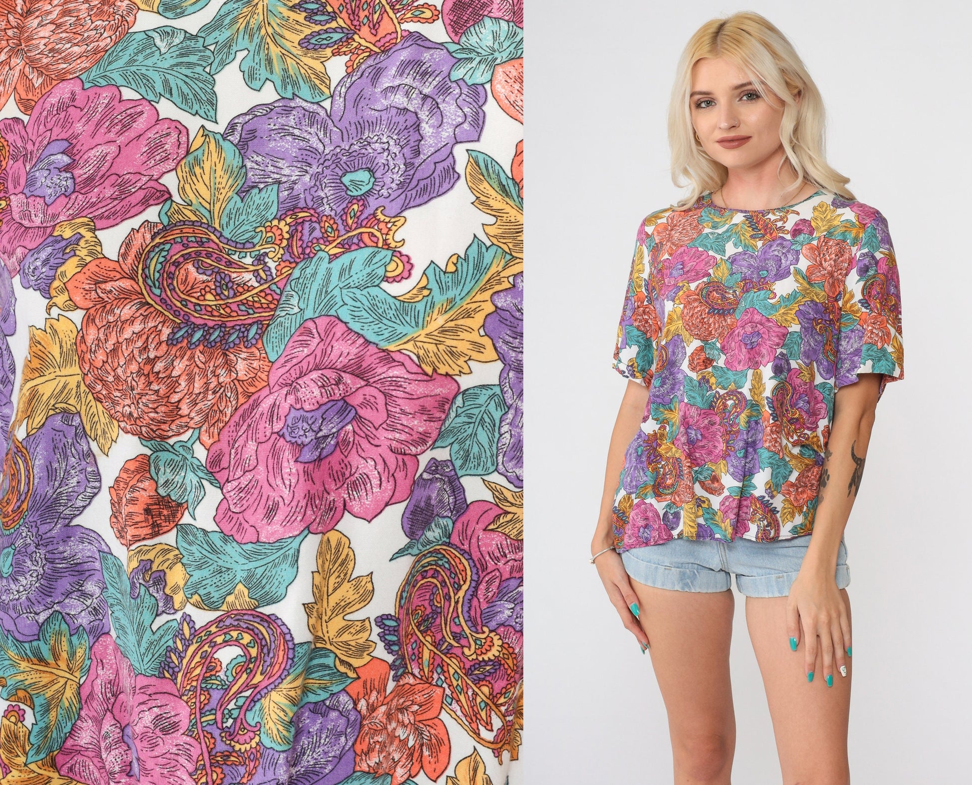 90s Paisley Floral Rayon Blouse Short Sleeve Pink Purple White Small