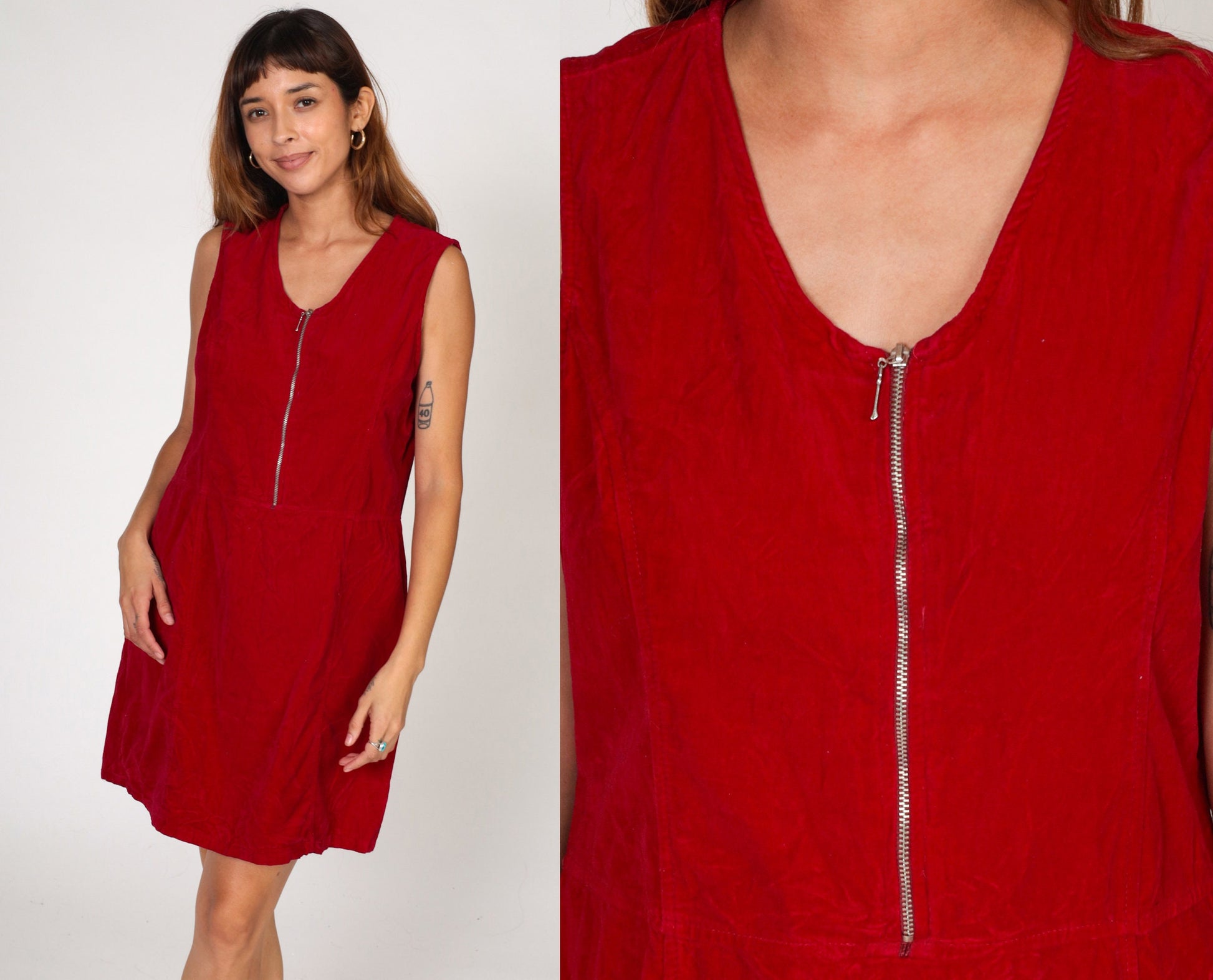 00s Faded Glory Velvet Jumper Dress Red Mini Shift Zip Front Large L