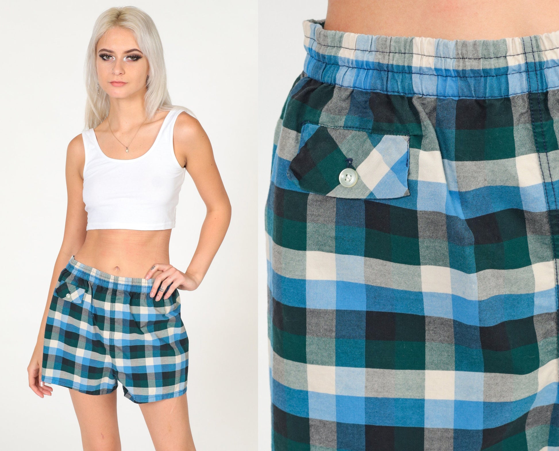 70s Plaid Swim Shorts Green Blue White Elastic Waist Small