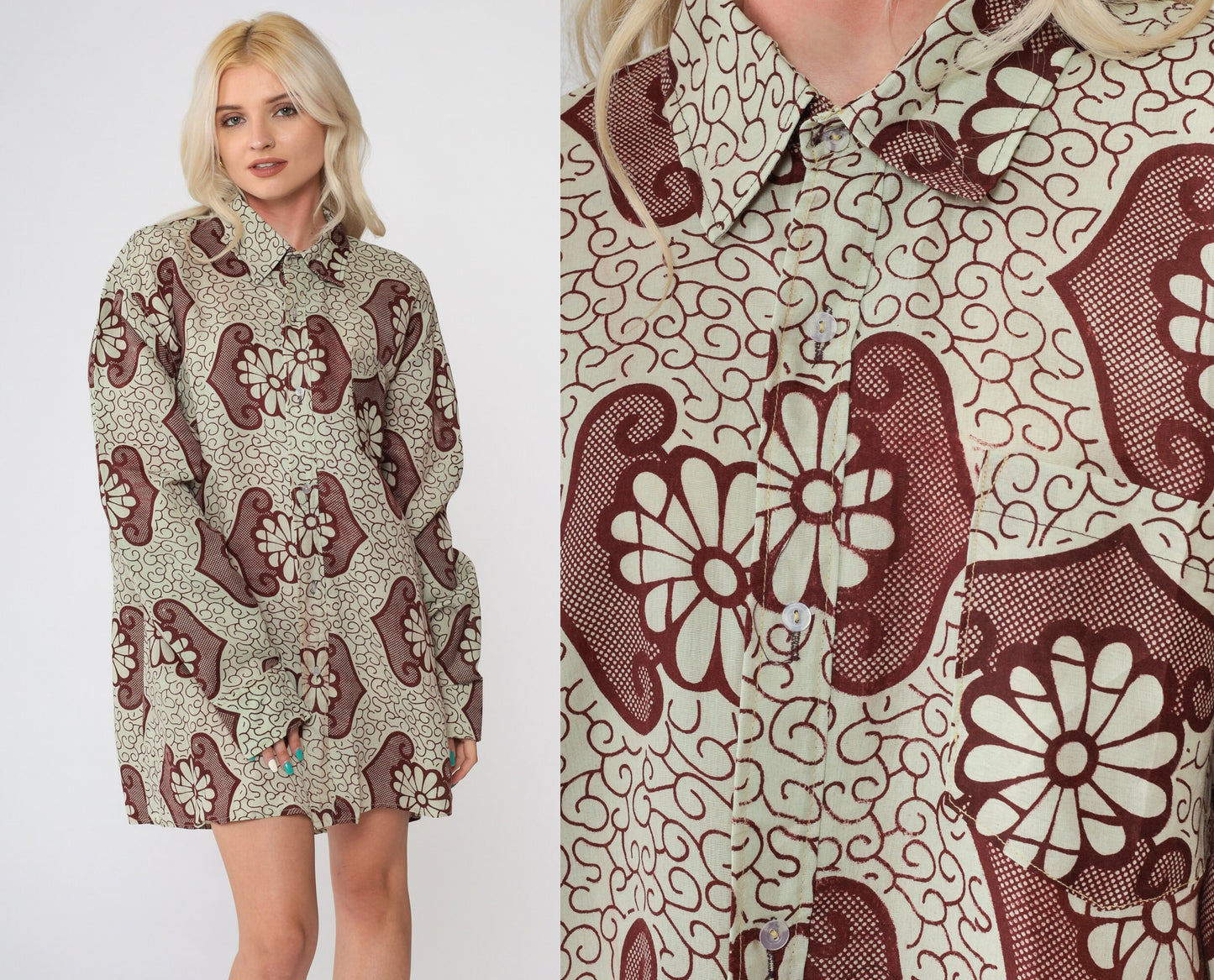 90s Batik Floral Button Up Shirt Dark Red Light Green Long Sleeve Extra Large
