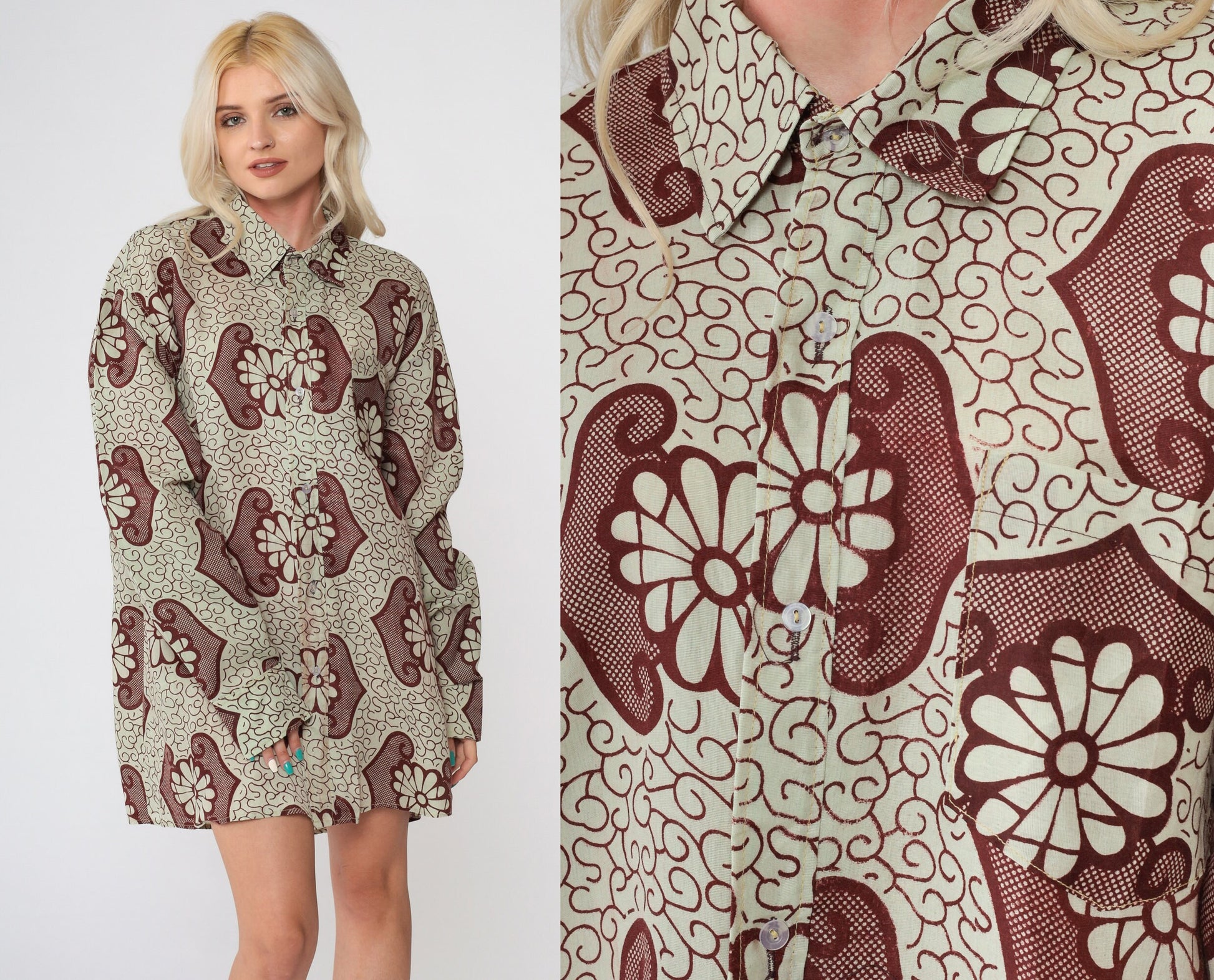 90s Batik Floral Button Up Shirt Dark Red Light Green Long Sleeve Extra Large