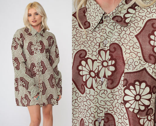 90s Batik Floral Button Up Shirt Dark Red Light Green Long Sleeve Extra Large