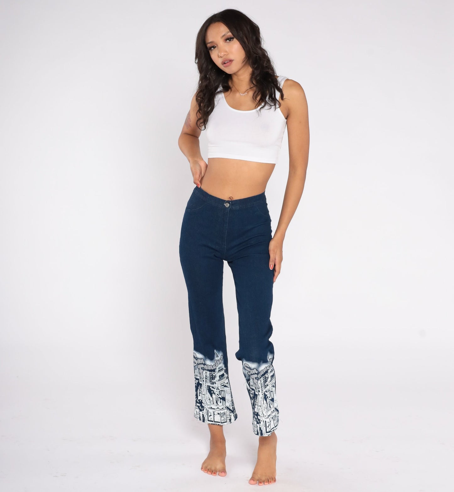 Y2K San Francisco Airbrushed Glitter Jeans Blue Denim Mid Rise Extra Small