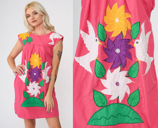 80s Mexican Embroidered Mini Dress Pink Floral Bird Cap Sleeve Cotton XXS