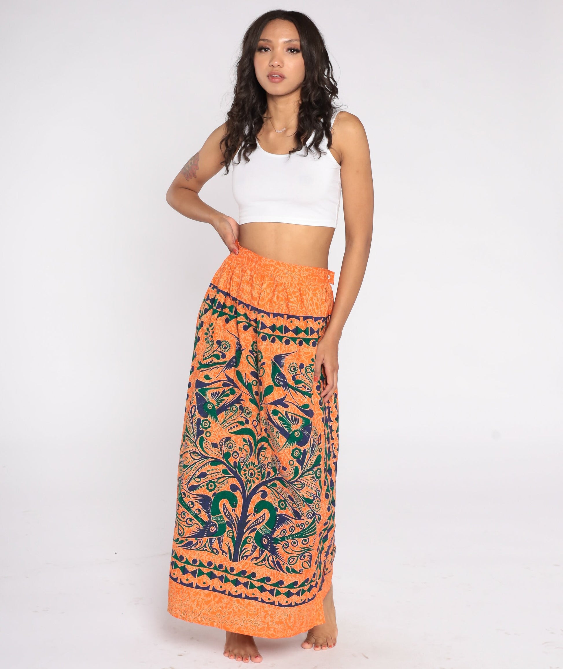 00s Tree of Life Bird Print Maxi Skirt Orange Floral Cotton Small