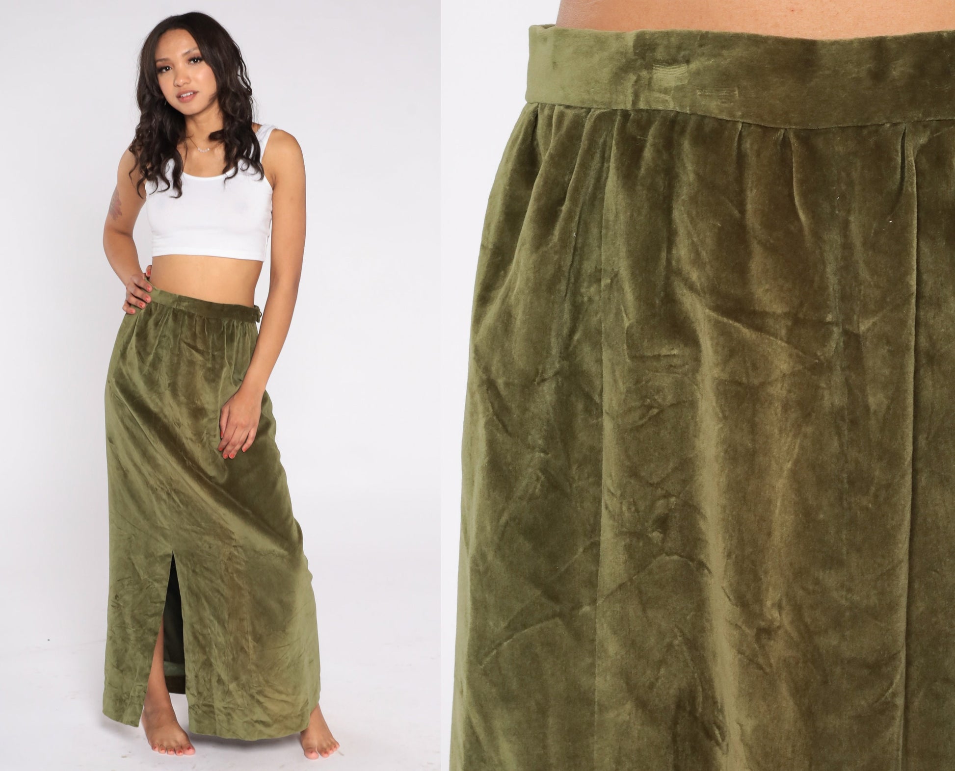 80s Green Velvet Maxi Skirt High Waist Front Slit Small