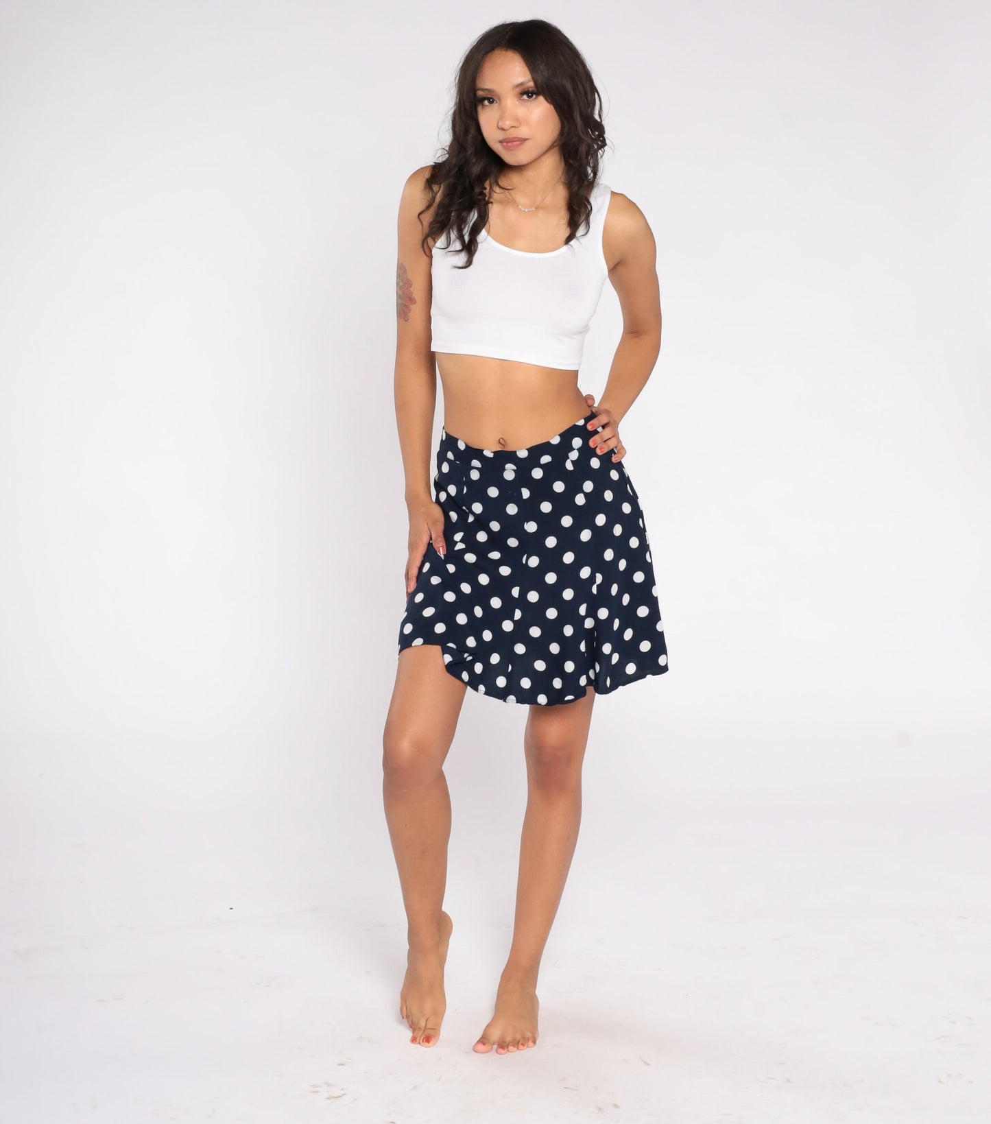 90s Navy Polka Dot Mini Skirt High Waist Pleated Small S