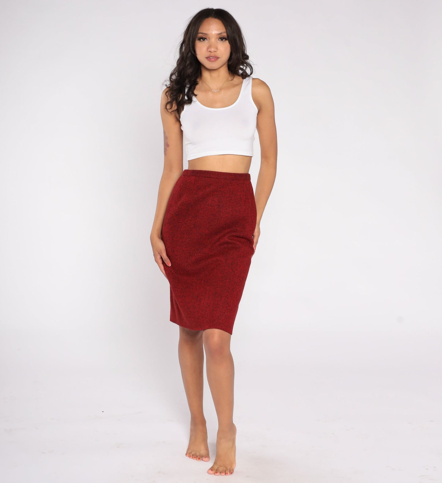 80s Guy LaRoche Wool Cashmere Mini Pencil Skirt Red Black High Waist Small