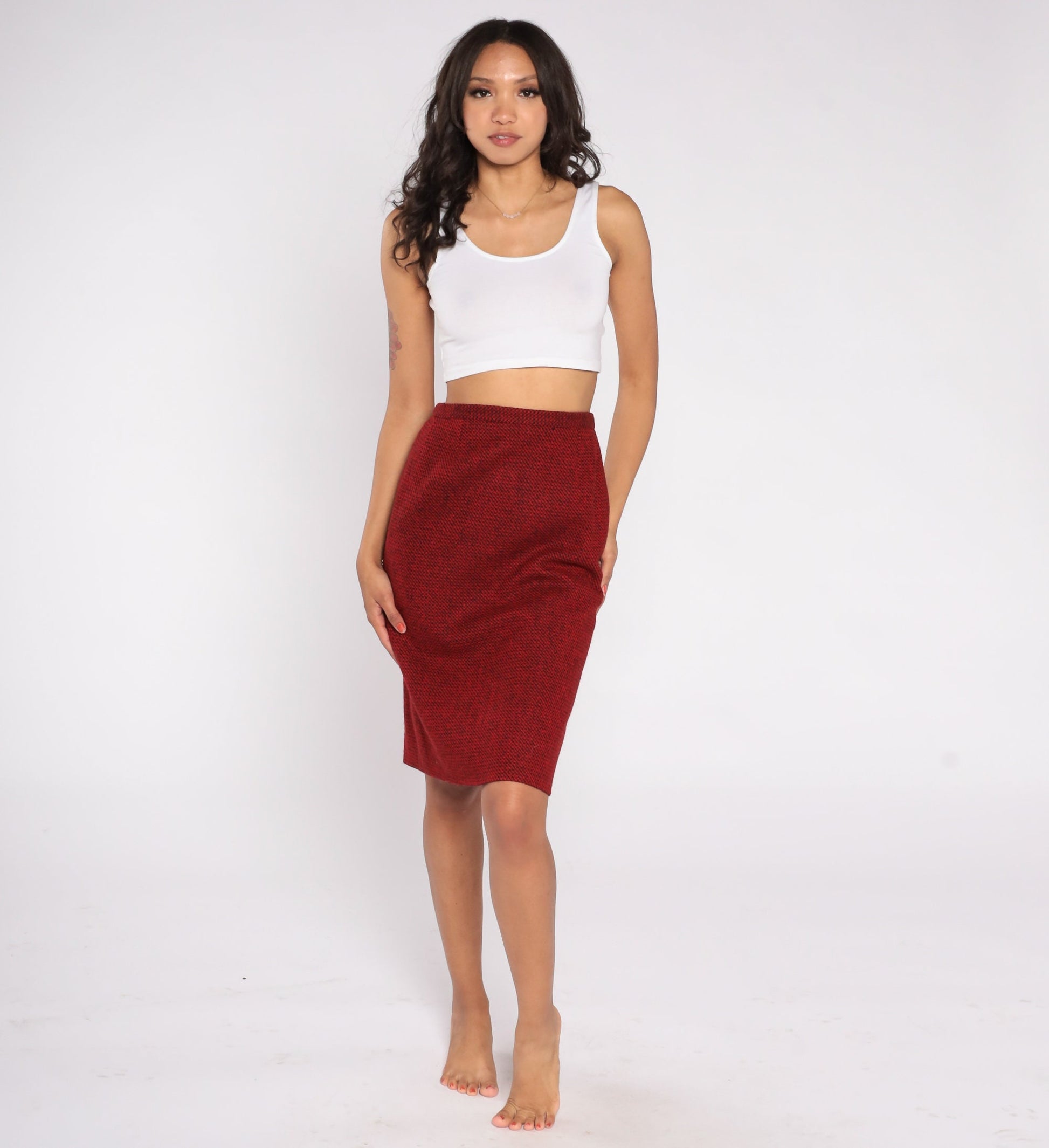 80s Guy LaRoche Wool Cashmere Mini Pencil Skirt Red Black High Waist Small