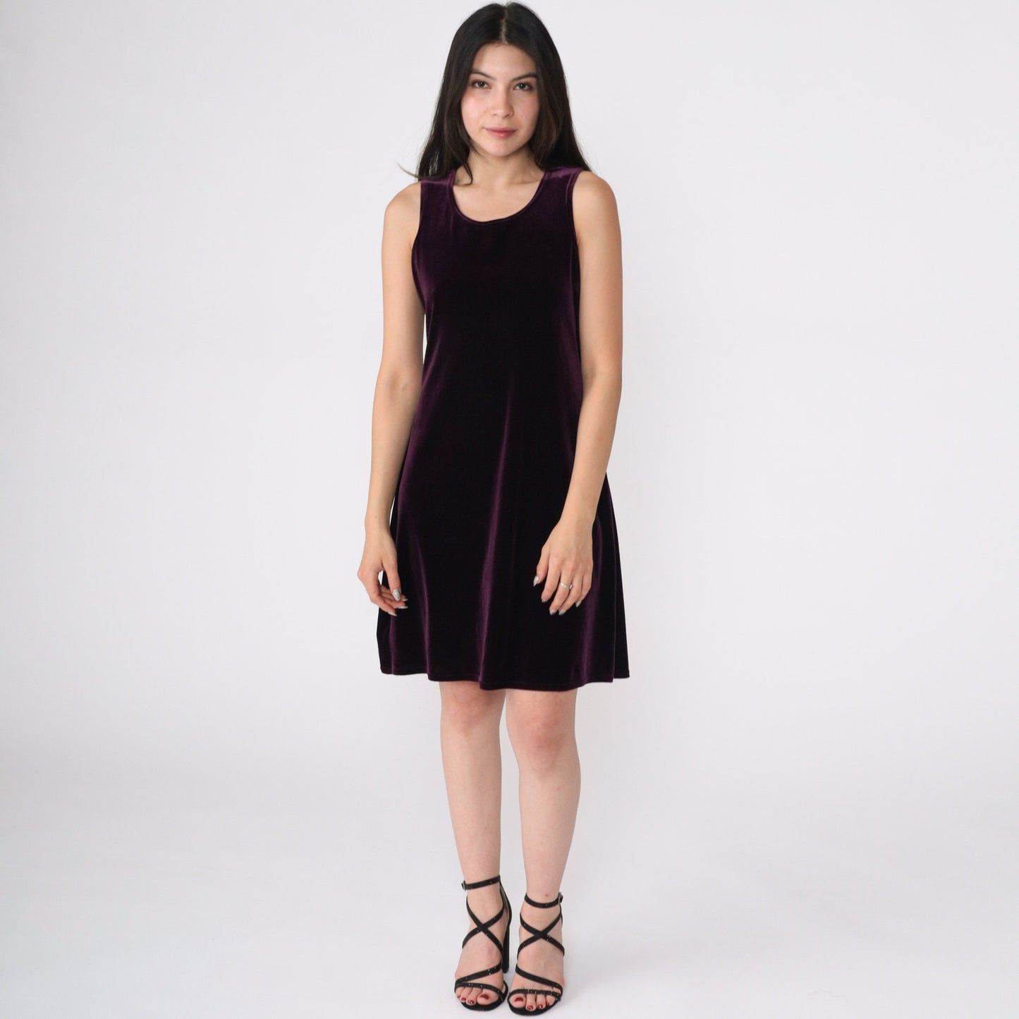 90s Purple Velvet Mini Dress Sleeveless Scoop Neck Shift Small