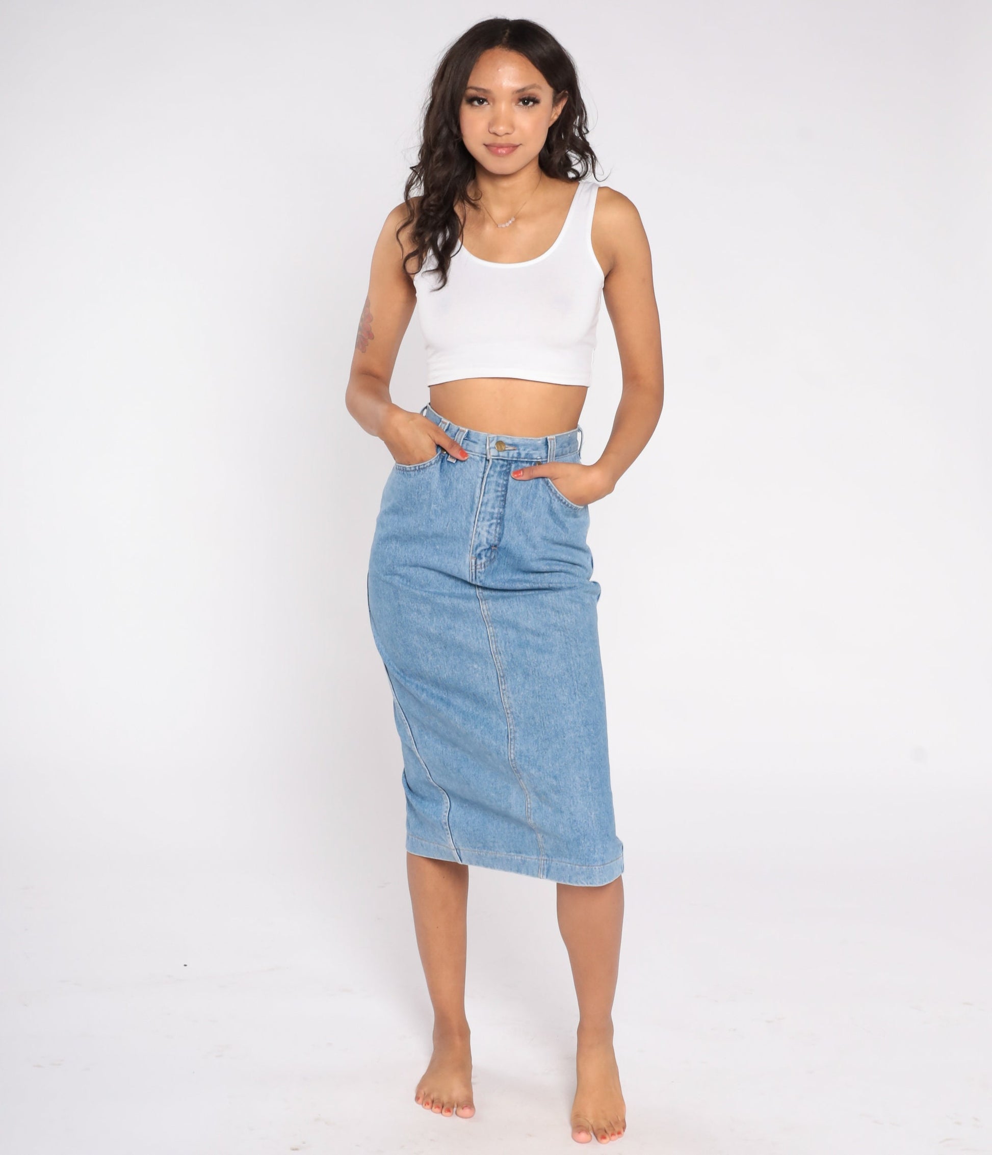 90s Blue Denim Midi Pencil Skirt High Waist Rear Slit Extra Small XS