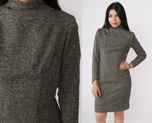1960s S Eisenberg Wool Dress Black White Flecked Mock Neck Long Sleeve Small