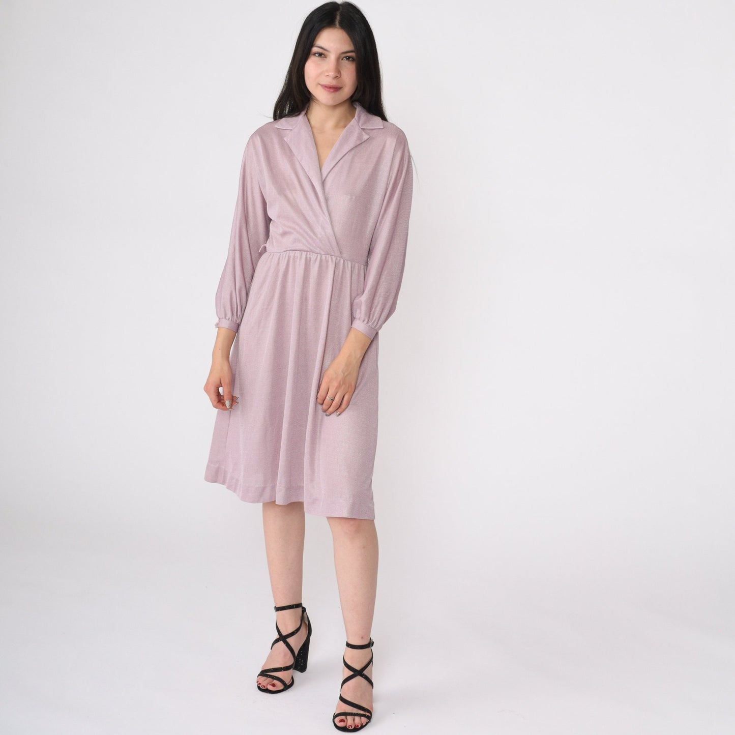 70s Shimmery Lavender Grecian Wrap Dress Long Sleeve Midi High Waist Small