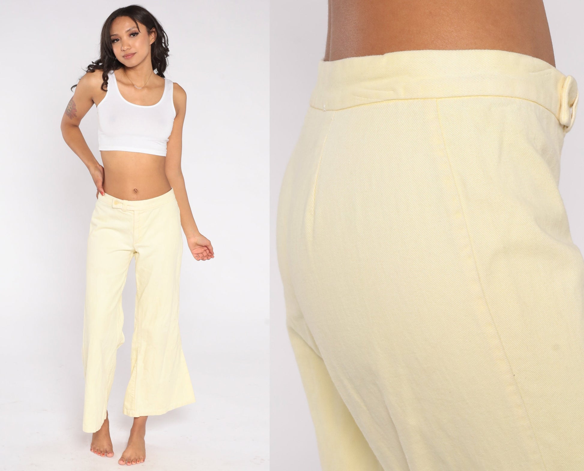 70s Pale Yellow Bell Bottom Flare Pants Low Rise Cotton Extra Small