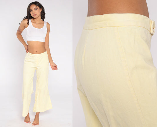 70s Pale Yellow Bell Bottom Flare Pants Low Rise Cotton Extra Small