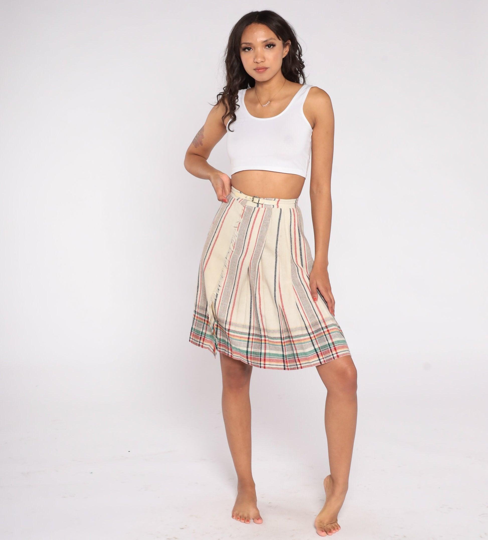 80s Plaid Wool Blend Mini Skirt High Waisted Buckle Strap Pleated XS
