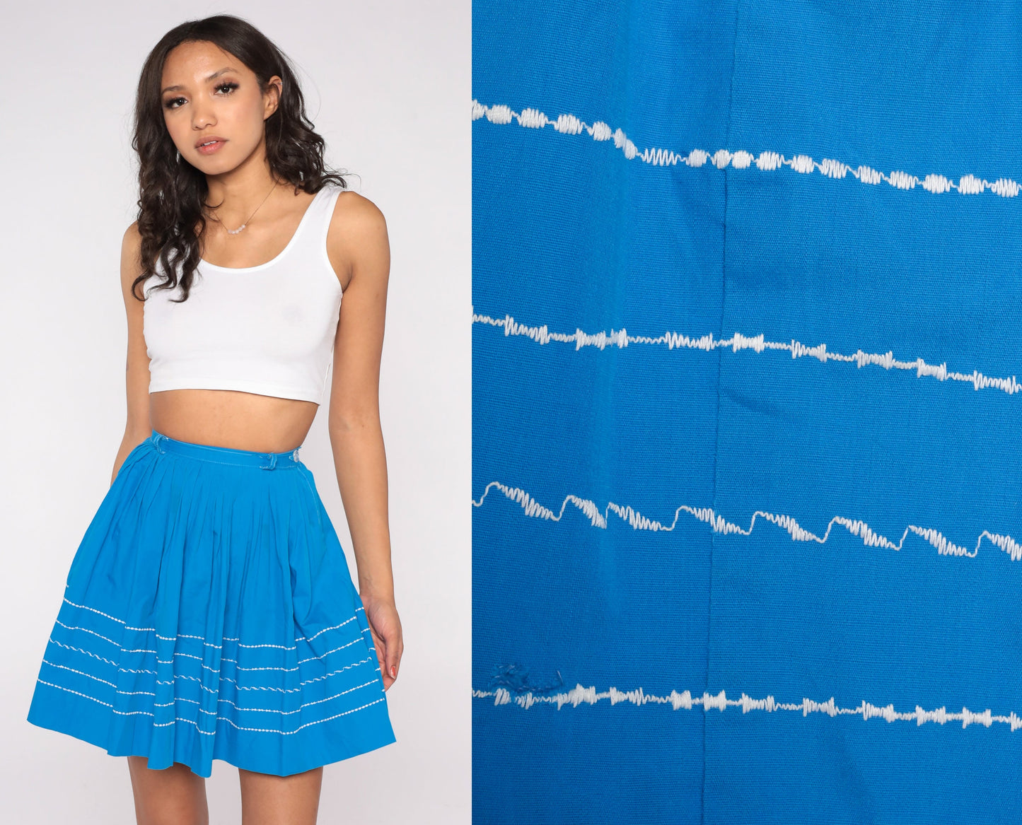 60s Blue Striped Pleated Mini Skirt High Waist Cotton 2XS
