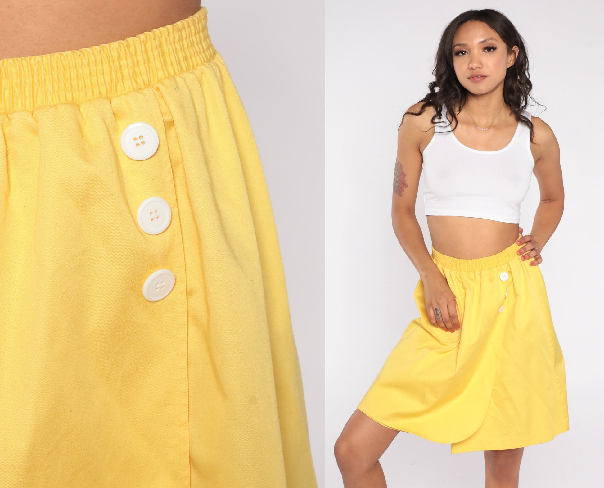 80s Yellow Mini Skirt Tulip Hem High Waist Elastic Pocket Medium M