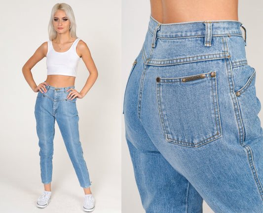 80s High-Waisted Skinny Jeans Ankle Zipper Faded Blue Denim Extra Small