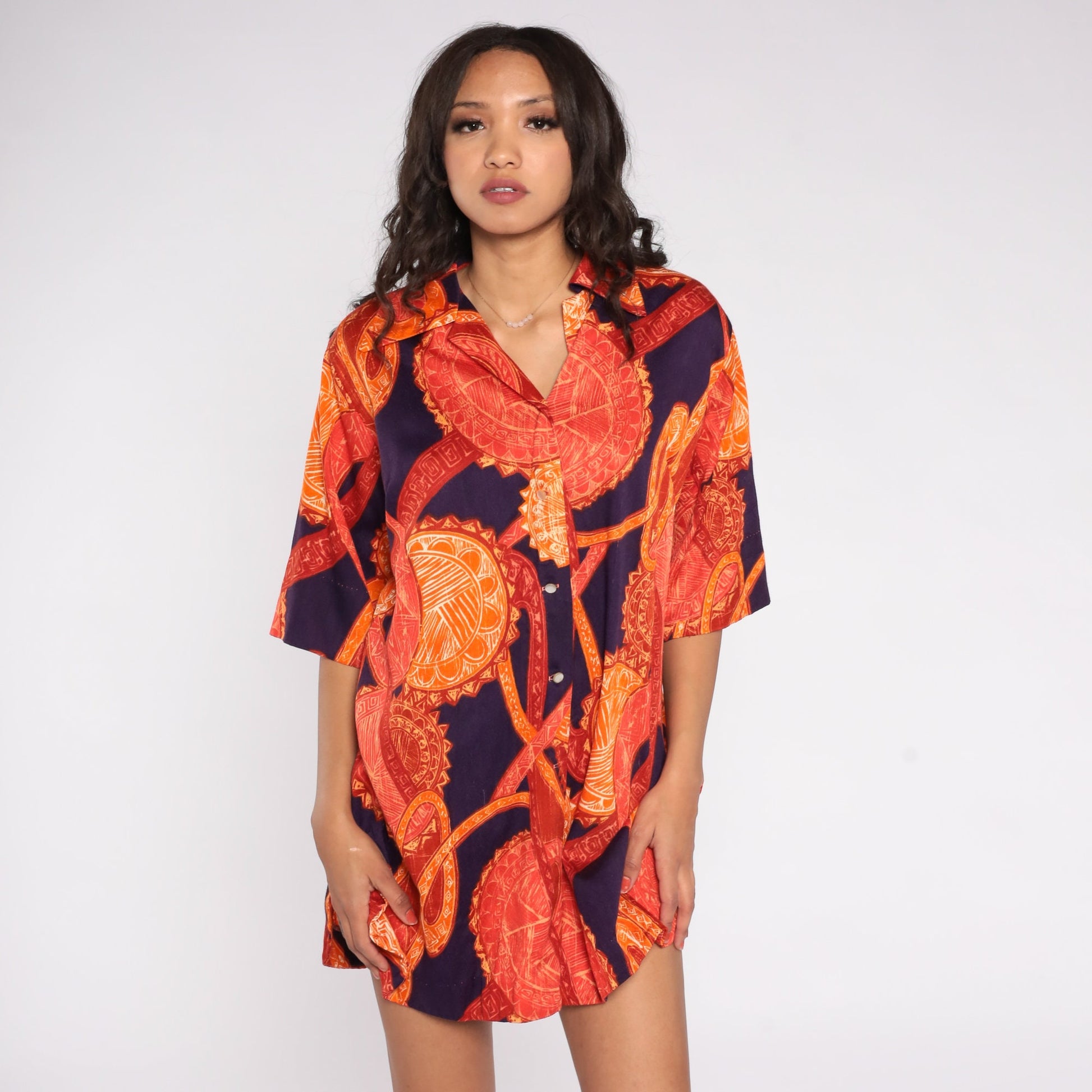 70s Purple Orange Abstract Medallion Print Button-Up Blouse Short Sleeve Extra Large XXL